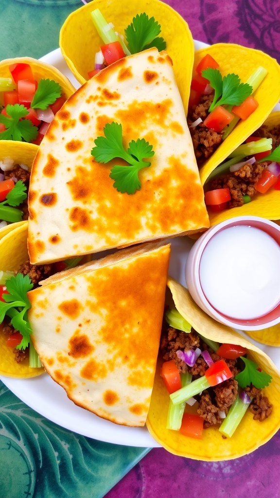A plate of cheesy chicken quesadilla wedges and colorful tacos with ground beef, lettuce, and tomatoes, garnished with cilantro and served with salsa and sour cream.